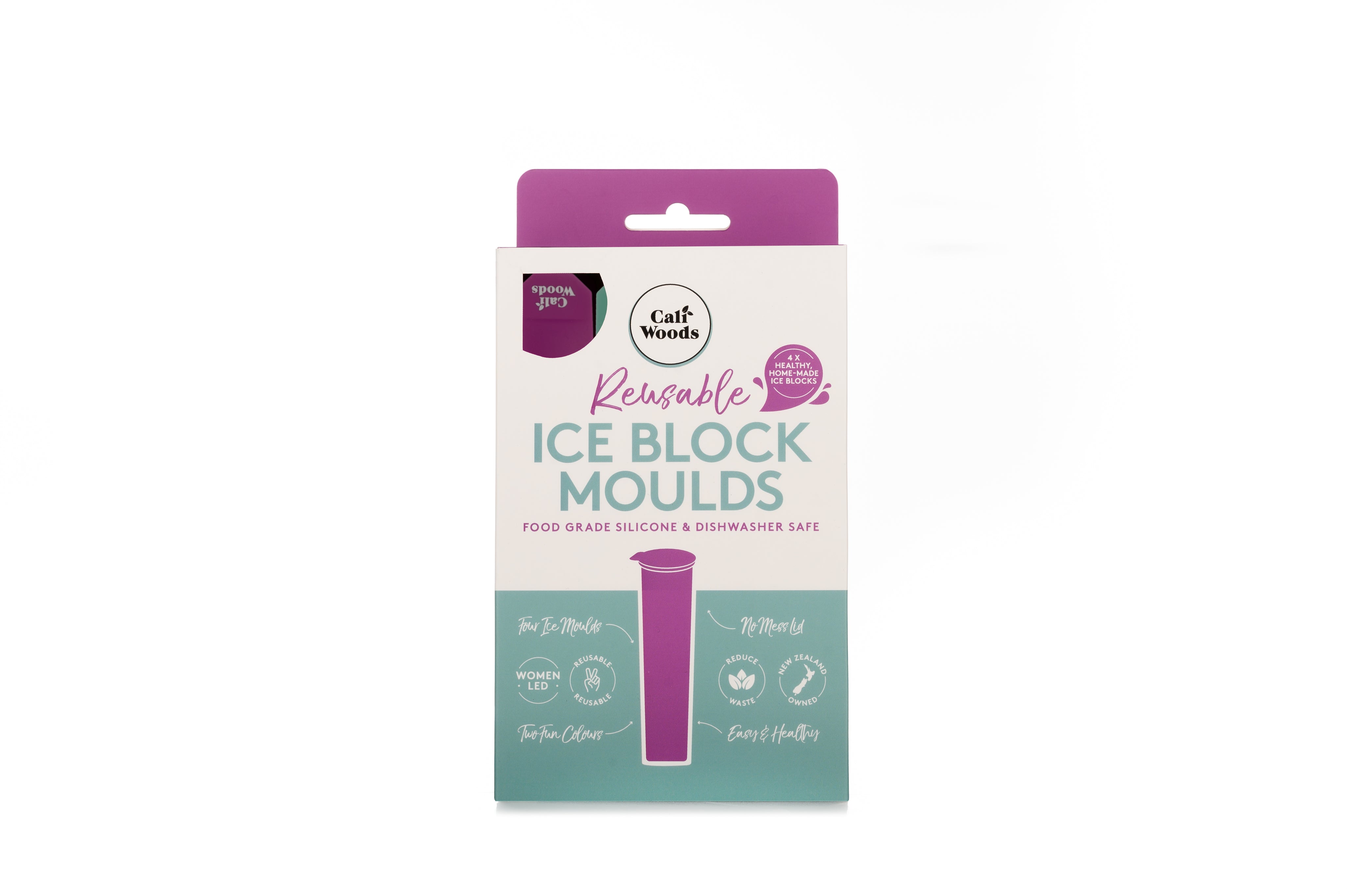 CaliWoods purple reuseable ice block moulds in box packaging 